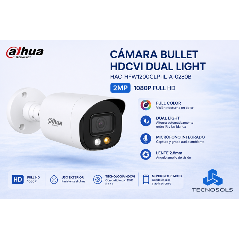 Camara Exterior Dahua 1080p Con Microfono Dual Light HFW1200CLP-IL-A