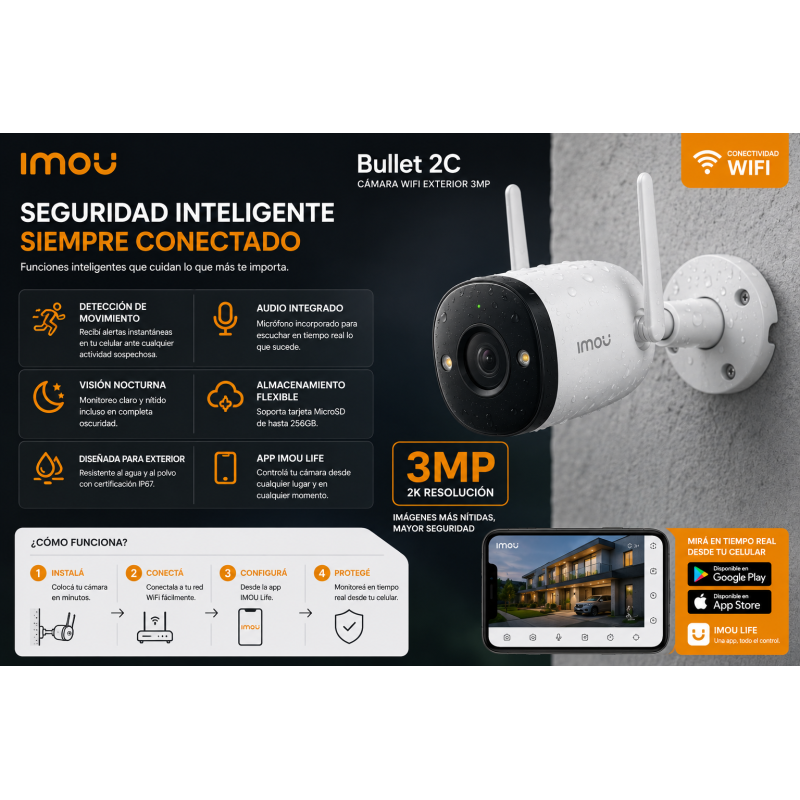 Camara Wifi Exterior Imou Bullet 2c 3mp Vision Nocturna K3CP-3H0WY